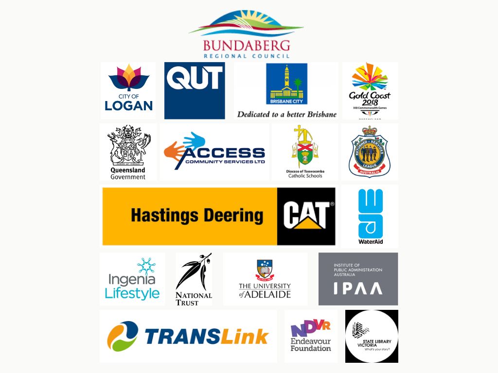 Logos of Red Lanyard clients including Queensland Government, QUT, Brisbane City Council, Logan City Council, Translink, State Library of Victoria, Ingenia Lifestyle, Hastings Deering, Griffith University and other Australian organisations.